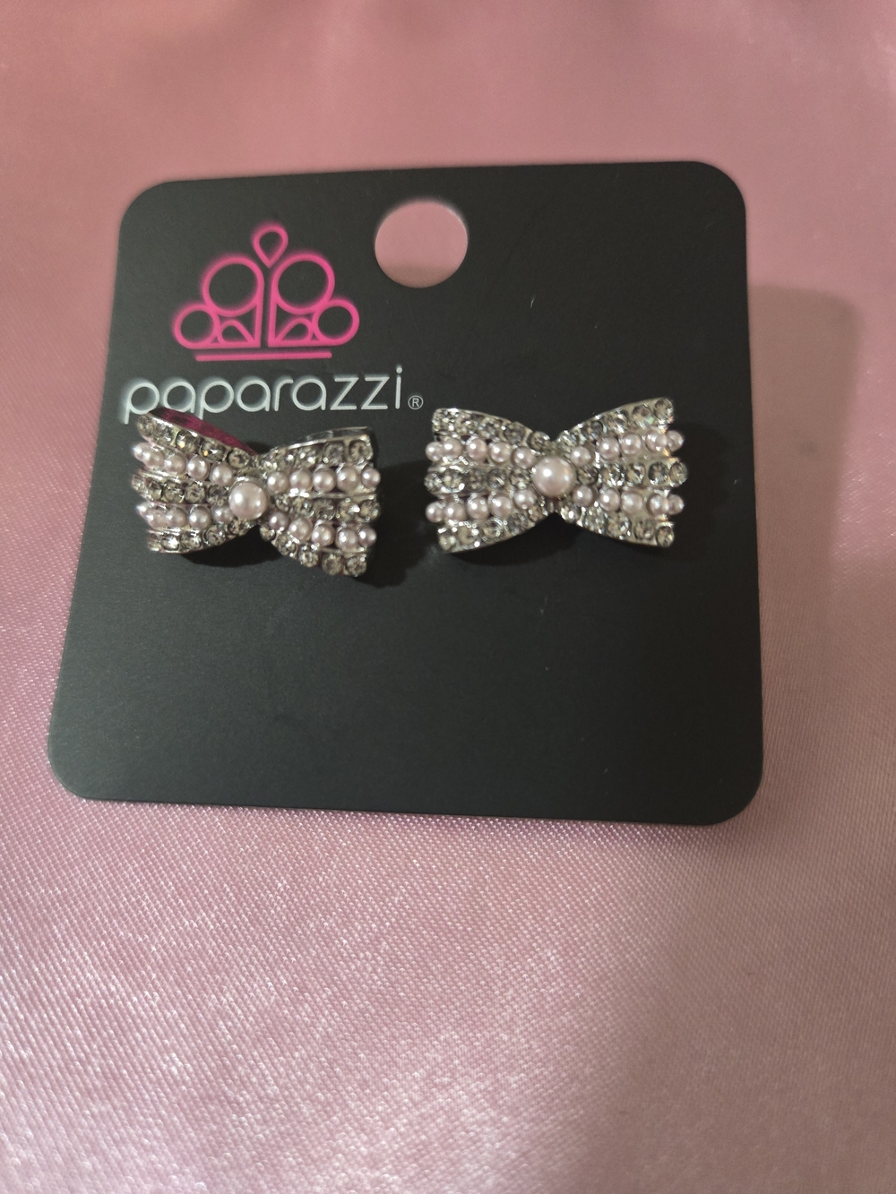 Paparazzi Silver Rhinestone Bow Earrings with Pearl Center